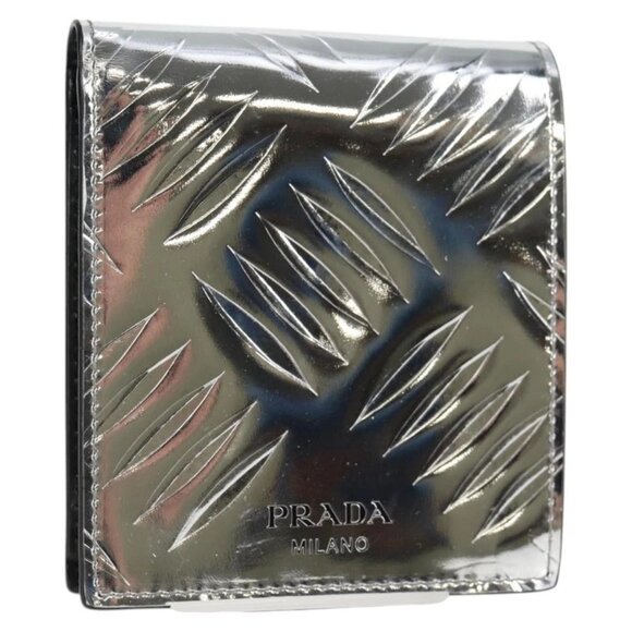 PRADA Wallet Patent leather Silver Auth 127893M - Picture 1 of 15